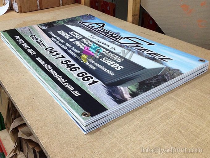 High resolution digital printed meter showing Coroplast banner board logo