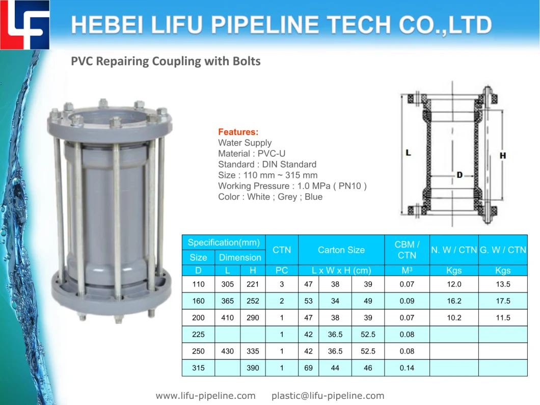 High Quality 1.0MPa Plastic Pipe Fittings PVC Pipe and Fittings Rubber Ring Joint UPVC Pressure Pipe Fittings for Water Supply DIN Standard 1.0MPa
