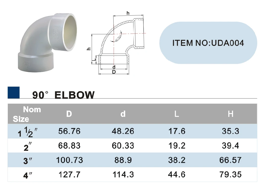 Chinaera UPVC/PVC/Plastic/Drainage Fittings Dwv Fittings Elbow for Drainage Pipe